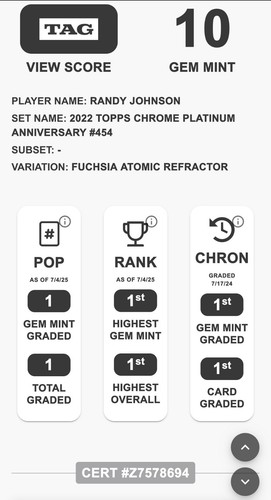 TAG 10 🚨 2022 Topps Chrome Platinum #454 Randy Johnson Fuchsia Atomic /100 - Picture 3 of 4