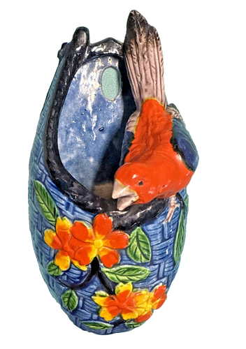 Vintage VOGEL und Blumen Wandtasche handbemalt Majolika JAPAN - Bild 2 von 10