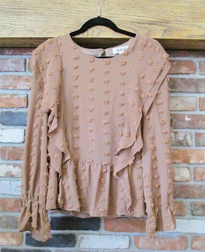 Listicle Top L Marrón Pompones Detalle Volantes Forrado Manga Larga Cuello Redondo Blusa - Imagen 1 de 5