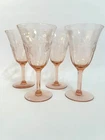 Antique Pink Depression Glass Wine Glasses, etched floral design, set of 4