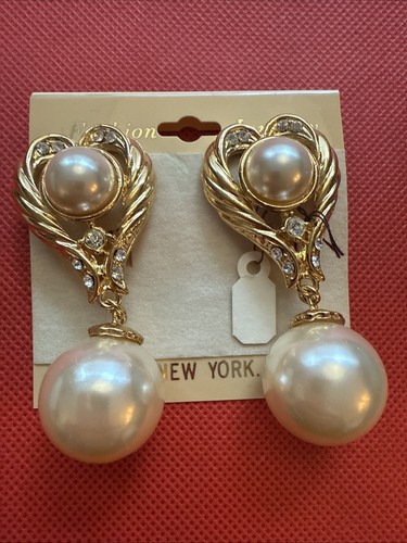 Vintage Large Faux Pearl Ball Drop Clip On Earrings Retro Mid Century Modernist - Picture 5 of 5