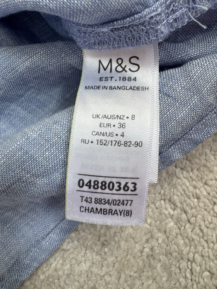M&S 100% LINEN CHAMBRAY SQUARE NECK BUTTON FRONTSHORT PUFF SLEEVE  BLOUSE SIZE 8 - Image 4 of 4