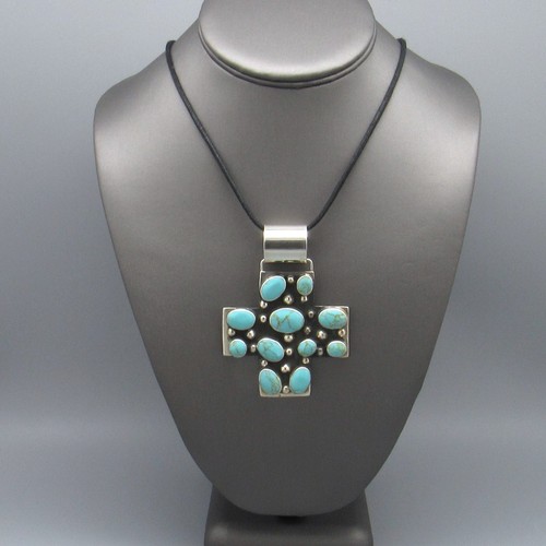 Großer Sterling Silber Block-Türkis Cluster Kreuz Anhänger Halskette - Bild 1 von 5