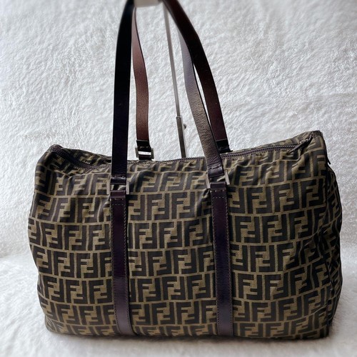 FENDI Zucca Boston Bag Women's Travel Bag FF Pattern Studs Nylon Brown 85803K - Picture 3 of 8