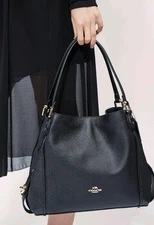 Coach Edie 31 Shoulder Bag Polished Pebbled Leather Black Gold