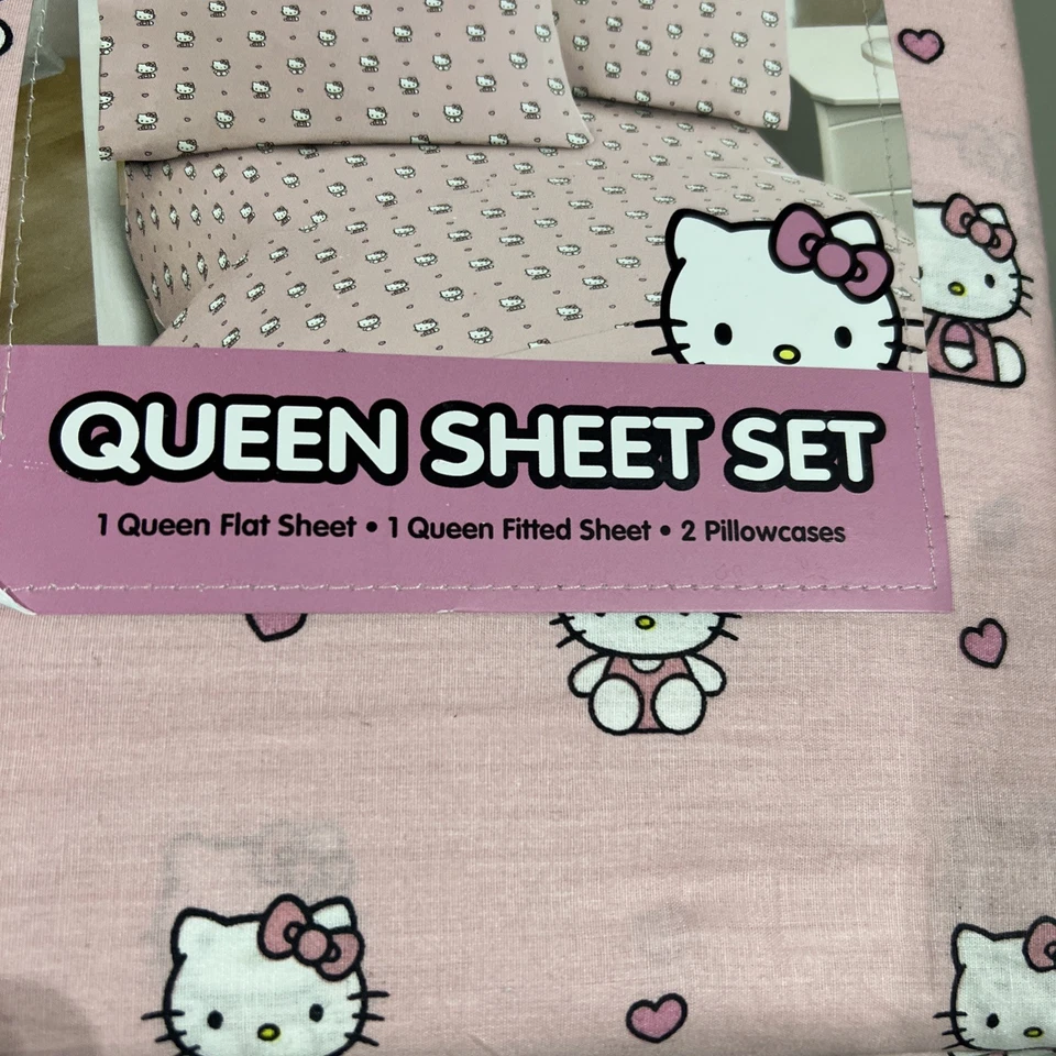 Nuevo Juego de Sábanas Sanrio’s Hello Kitty 4 Piezas Queen Rosa 100% Algodón Gatito Sentado Foto 2 de 4