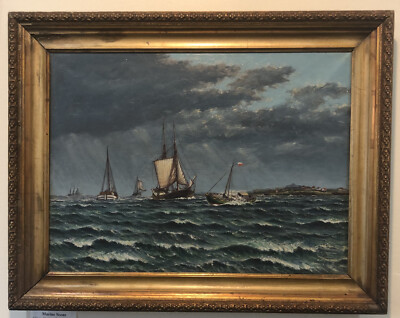 Antique Dutch Netherlands Oil on Canvas Marine Boats Signed J. Jensen c1931