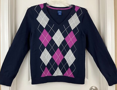 IZOD - Navy Magenta Gray Argyle Long Sleeve V-Neck 100% Cotton Sweater size XL