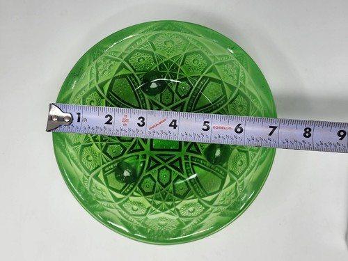 Vintage Jeannette Glass 3 Footed Bowl Green Ombre Flash With Hobster Pattern - Picture 10 of 11