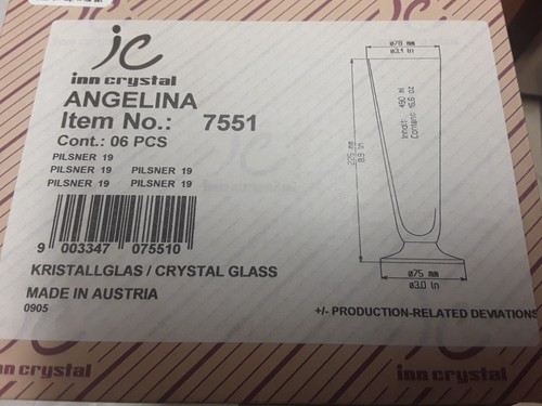 JC Inn crystal Angelina Beer Pilsners Glasses set 6, 8 7/8" Signed new box - Picture 4 of 12