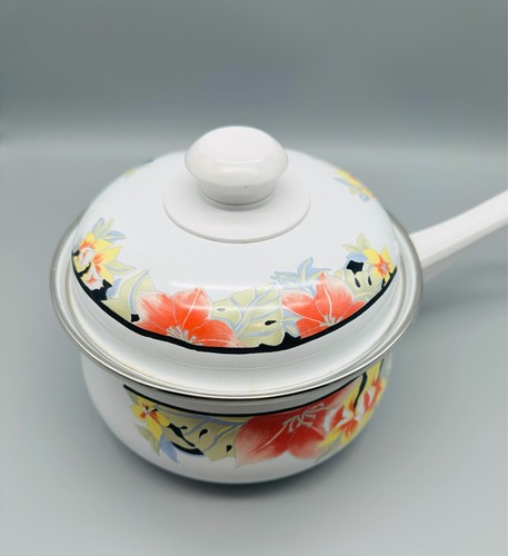 Vintage Enamel Pots Pans With Lids Set of 2 Tropical Floral Design Cookware - Picture 15 of 22