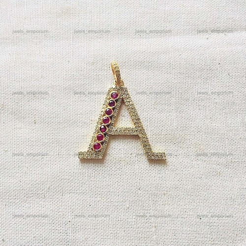 Alphabet Initial Letter Charm Ruby Gemstone Pendant 925 Silver Diamond Pendant - Picture 3 of 4