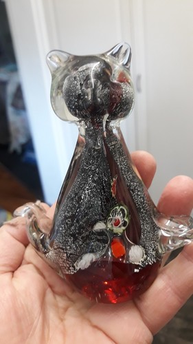 Vintage Murano Style Handblown Silver Millefiori cat From Italy. Ruby Glass - Picture 7 of 11
