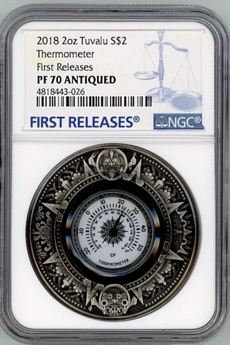 Thermometer 2018 Tuvalu 2oz Silver Coin $2 NGC PF70 Antiqued First Releases OGP