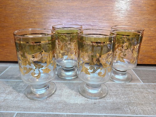4 x Vintage MCM Footed Rocks Glasses Green and Gold Leaf Design Replacements