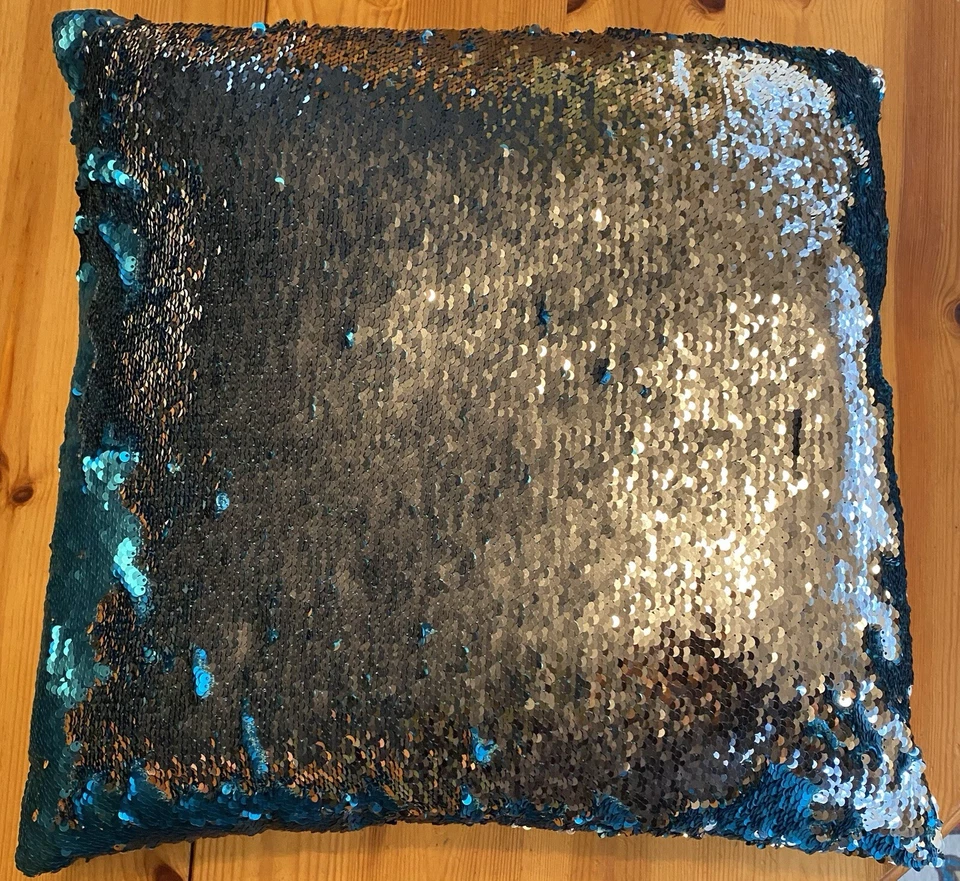 Turquoise Blue and Silver Reversible Color Changing Sequin 17" Square Pillow - Image 2 of 4