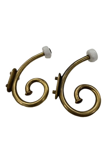 Vintage Brass Hook Rack White Ceramic Knob Coat Hat Towel 5” Scroll Dark Patina - Picture 2 of 8