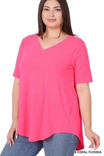 1X 2X 3X Luxe Rayon V Neck Short Sleeve Top Hi-Low Rounded Hem Loose Fit T Shirt - Picture 59 of 70