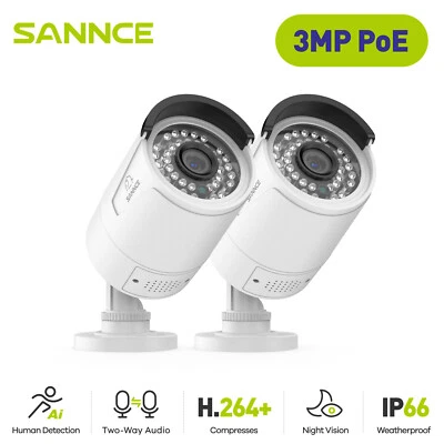 SANNCE 2x 3MP POE Security IP Camera 2-Way Audio Recording Outdoor Night Vision