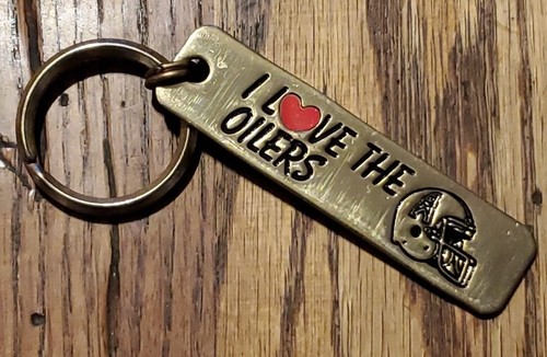 Vintage Houston Tennessee Oilers NFL Football Keychain I LOVE THE OILERS Brass - Picture 1 of 9