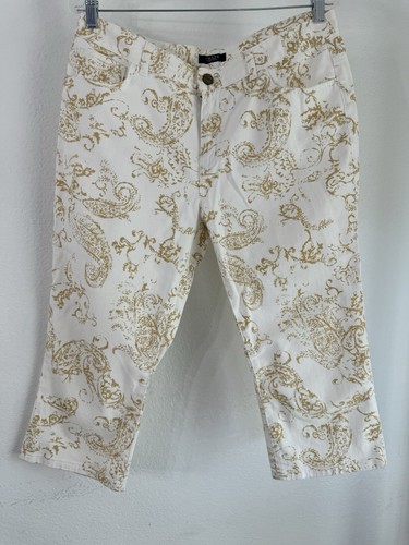 Chaps Denim-Caprihose gerades Bein weiß mit goldenem Paisley-Design Größe 14