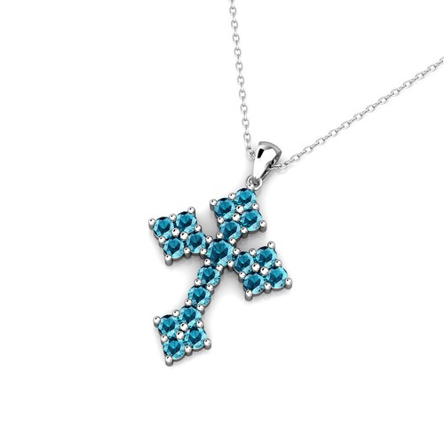 2.02 Carat Blue Diamond Antique Cross Unisex Pendant 18" Chain 14K White Gold - Picture 3 of 4