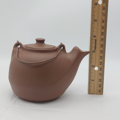 Pigeon Forge Pottery Brown Teapot Kettle Yellow/Green Interior Metal Handle - Picture 12 of 17