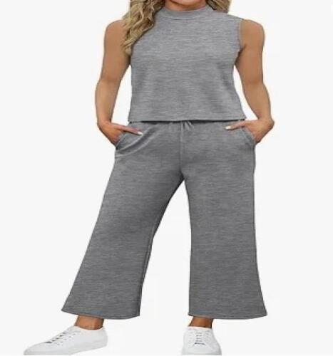 Two Piece Sets Women Summer Lounge Mock Neck Tops Wide Leg Crop Pants Outfits - Picture 15 of 20