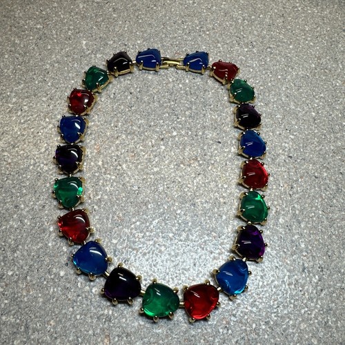 Vintage Cabochon Halsband Halskette Mehrfarbig Obst Salat Gold Grob Avon 17"