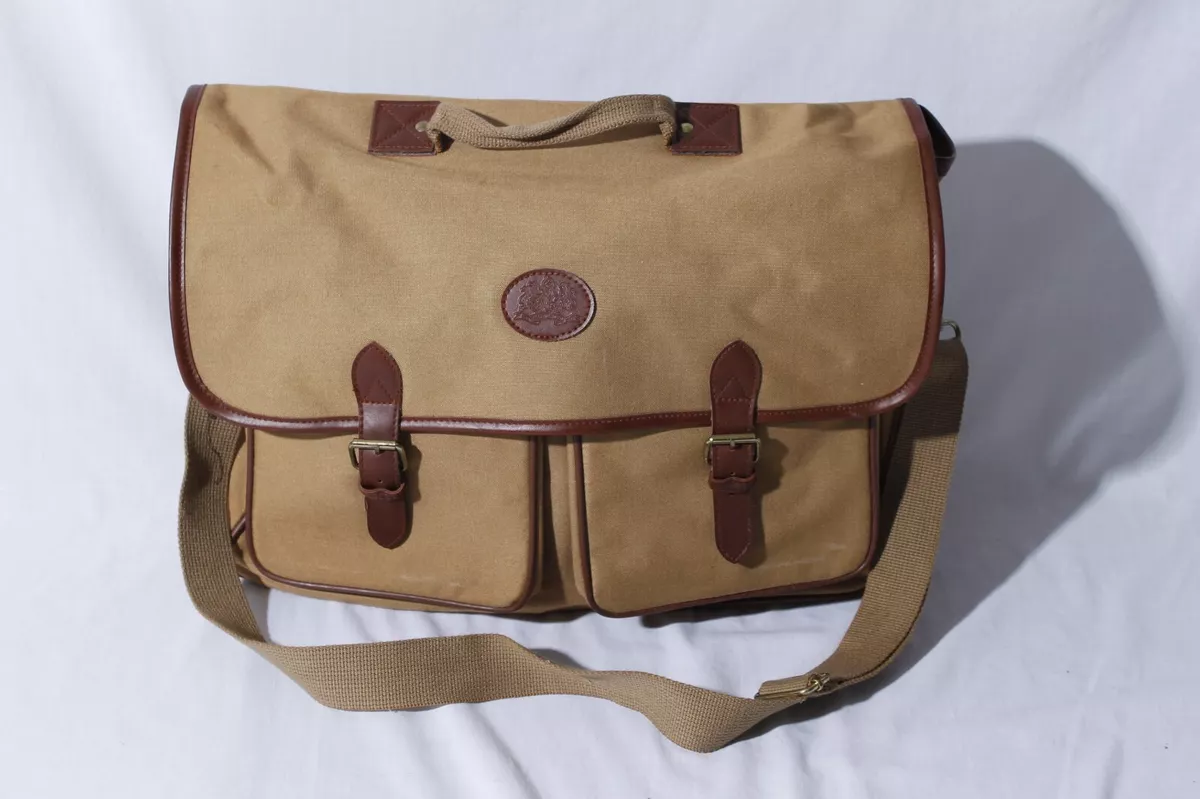 Vintage Ralph Lauren Beige Twill Brown Leather Messenger Bag