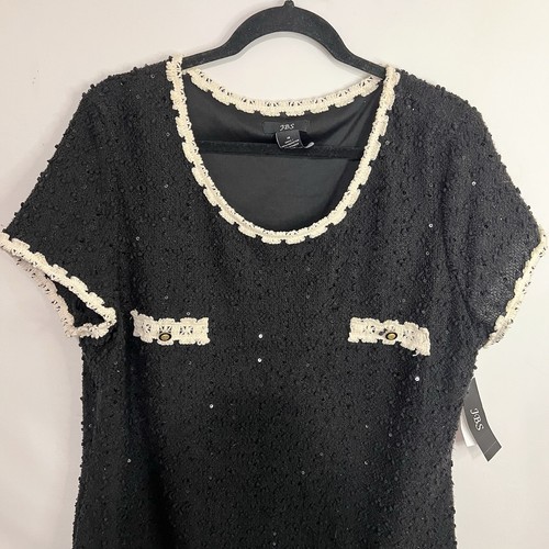 New JBS Women Dress Boucle Tweed Black Cream Sequin Size 18 Retro Knee Length - Picture 2 of 12
