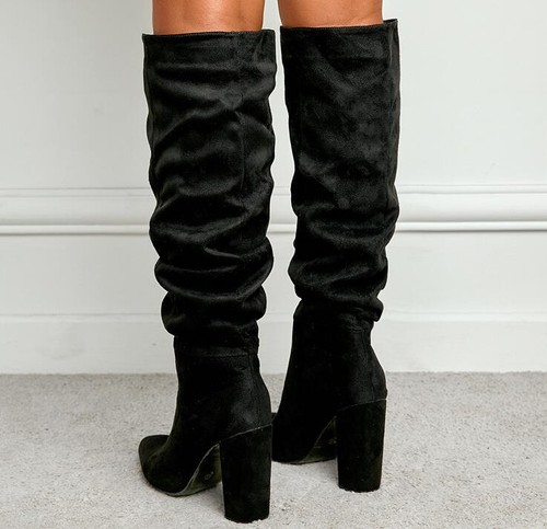 Womens Fashion Sexy Pointy Toe Slouchy Faux Suede Knee Boots Pumps High Heels - Picture 6 of 16