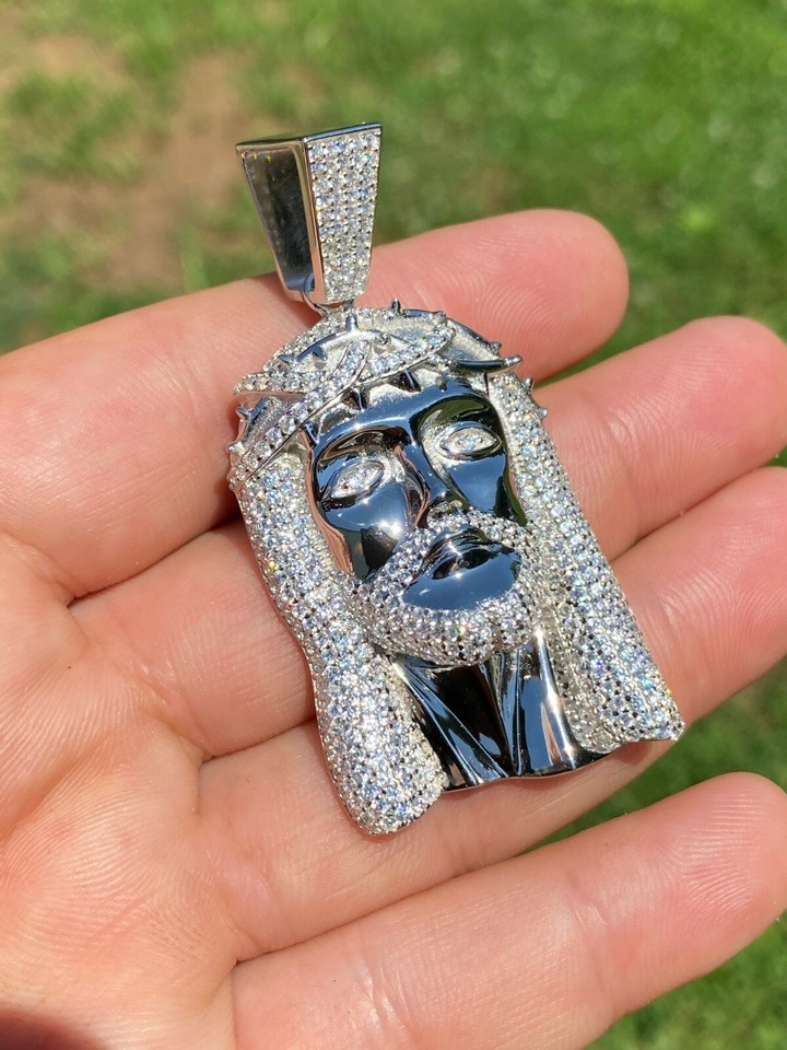 Real 925 Sterling Silver Icy Jesus Piece Cubic Zirconia Pendant Mens ...
