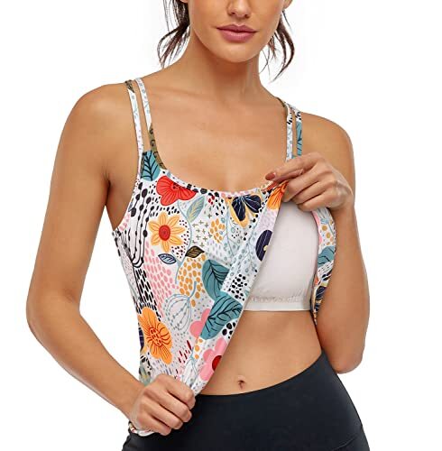 Women's Floral White Yoga Tank Top with Built-in Bra Loose Fit Racerback Gym ... - Picture 1 of 6