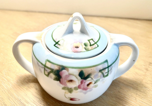 Rosas pintadas a mano vintage antiqie nipón con borde dorado azucarero con tapa - Imagen 2 de 9