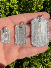 Solid 925 Silver Dog Tag Iced Hip Hop Pendant Necklace - 3 Sizes For Men Ladies