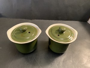 Hall-470-1-2-Stoneware-Vented-Lid-Onion-Soup-Crock-Bowl-Green-Set-Of-2-Bowls