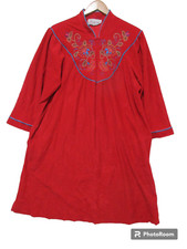 Sz L Vtg SOFT Vanity Fair Robe Velour 1/2 Zip Embroidery Red Housecoat USA L/S