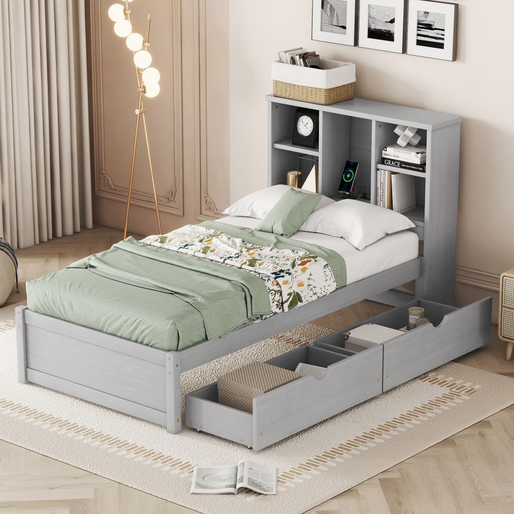 Twin Bed Frame with Bookcase Headboard USB Charging Station 2 Drawers Grey