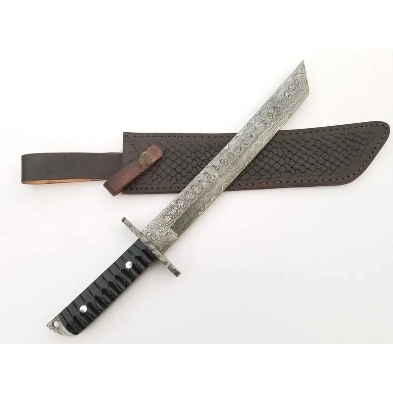 CUSTOM HANDMADE DAMASCUS STEEL HUNTING TANTO KNIFE WITH DAMASCUS GUARD AND WENGE