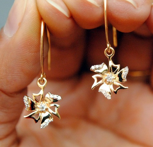 Floral 14k Gold Diamond Drop Dangle Earring Delicate Ear Wire Bridal Jewelry. - Picture 7 of 12