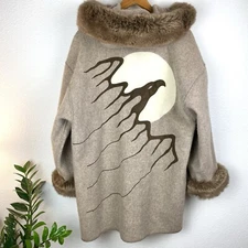 Vintage Linda Lundstrom Laparka Hooded Wool Faux Fur Coat Tan Eagle Moon M RARE