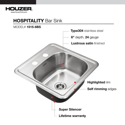 Barra de tazón individual de 2 orificios de montaje superior de acero inoxidable Houzer Hospitality de 15" - Imagen 3 de 21