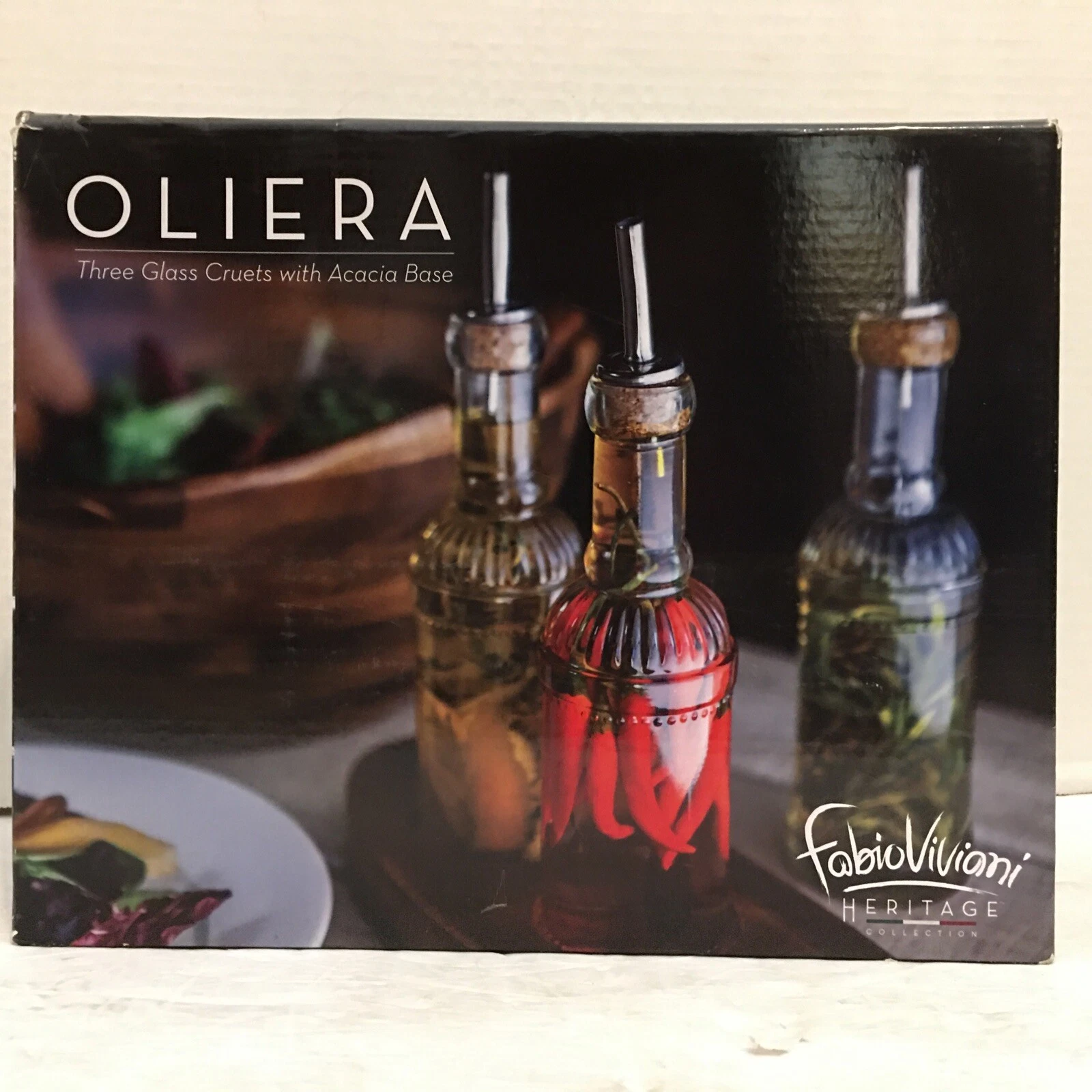 New/Opened Box*Oliera Three Glass Cruets with Acacia Base*Oil/Vinegar Dispensers