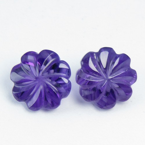 5.23Cts Gorgeous Natural Amethyst 8.7mm Flower Carving Matching Pair Gemstones - Picture 4 of 5