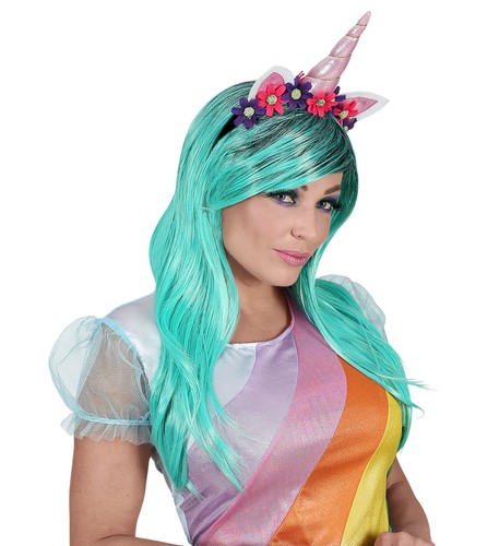 TÜRKISE EINHORN PERÜCKE HAARREIF Karneval Unicorn Ohren Horn Damen Kostüm 46942 - Bild 4 von 4