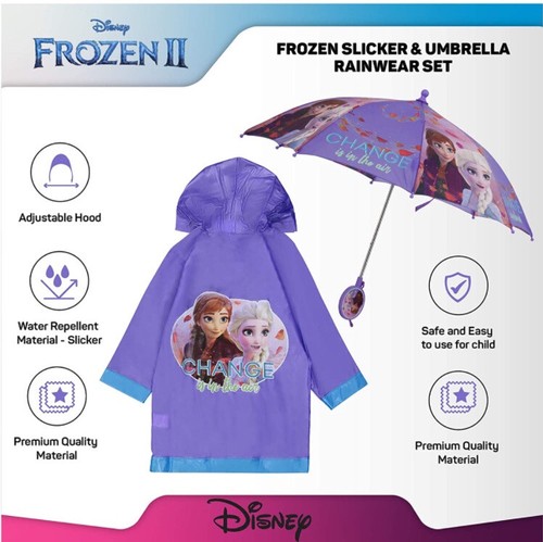 Disney Kids Umbrella and Slicker, Frozen Elsa and Anna Little Girl Rain Wear Set - Picture 3 of 5