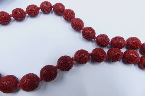 Antique vintage silver clasp Chinese carved Shou longevity cinnabar 41 beads nec - Picture 9 of 10