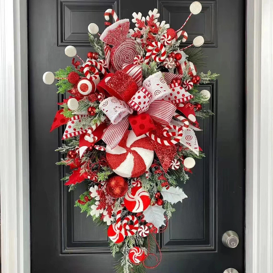 Christmas Candy Cane Bow Door Wreath Xmas Home Hanging Garland Flower Wreath AU - image 2 of 4