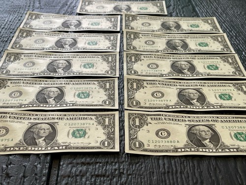 Lot Of 11 Sequential 1969 One Dollar Bills Notes $1 About Uncirculated (AU) - Picture 3 of 18